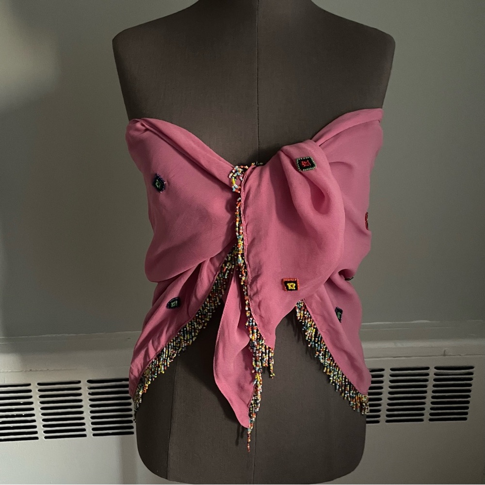 Triangular scarf or sarong with multicolored beaded fringe trim
